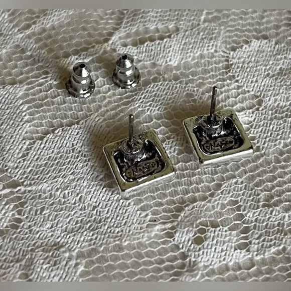 Vintage Napier Tile Earrings, Simple Square Shaped Stud Earrings, Floral - Picture 2 of 4